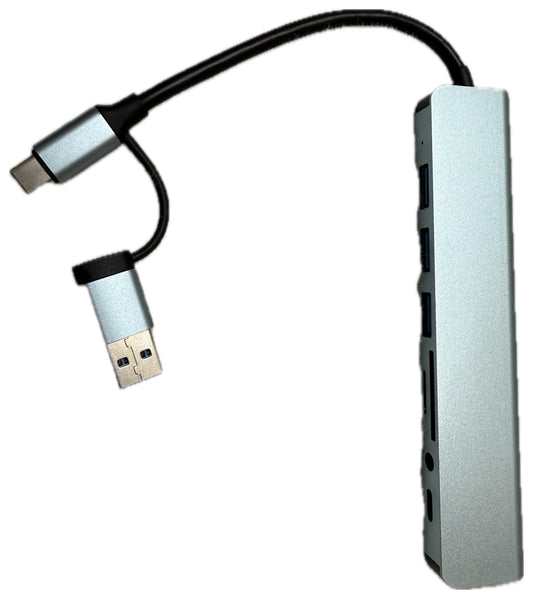 7-Port USB Hub with USB-C Adapter – Silver